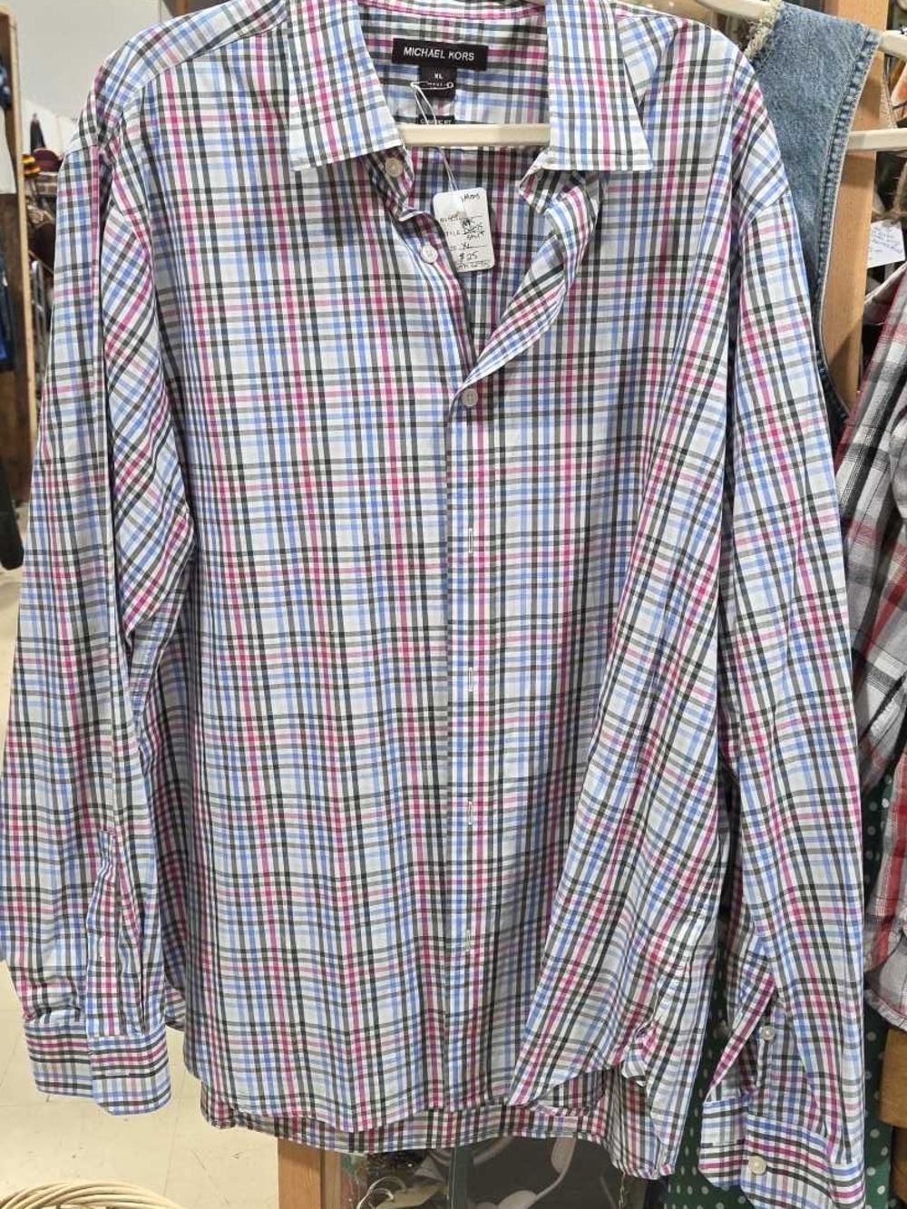 Michael Kors Men’s White Plaid Dress Shirt with Blue and Pink Accents